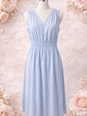 NWT Grace Karin Light Blue V-Neck Smocked Waist Midi Dress